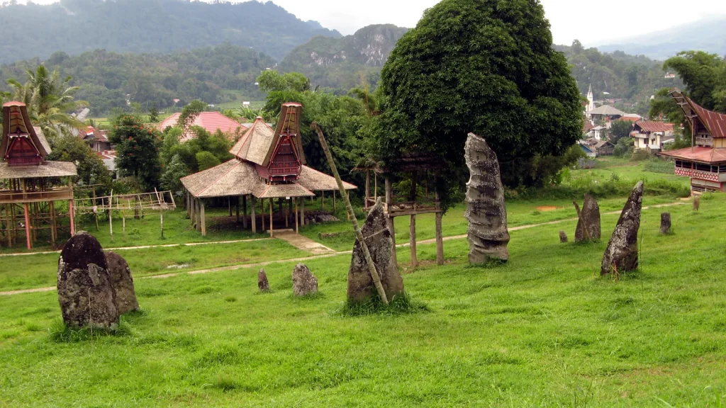 Field of upright funerary megaliths standing before tongkonan houses in Tana Toraja