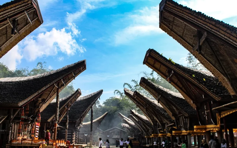 Row of tongkonan houses with upswept saddle roofs at Kete Kesu heritage village, Tana Toraja