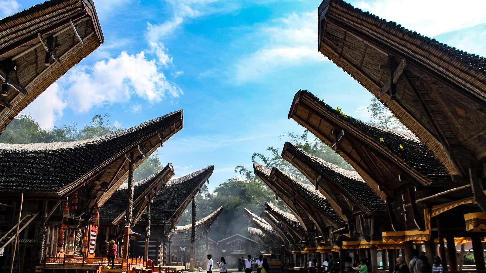Row of tongkonan houses with upswept saddle roofs at Kete Kesu heritage village, Tana Toraja