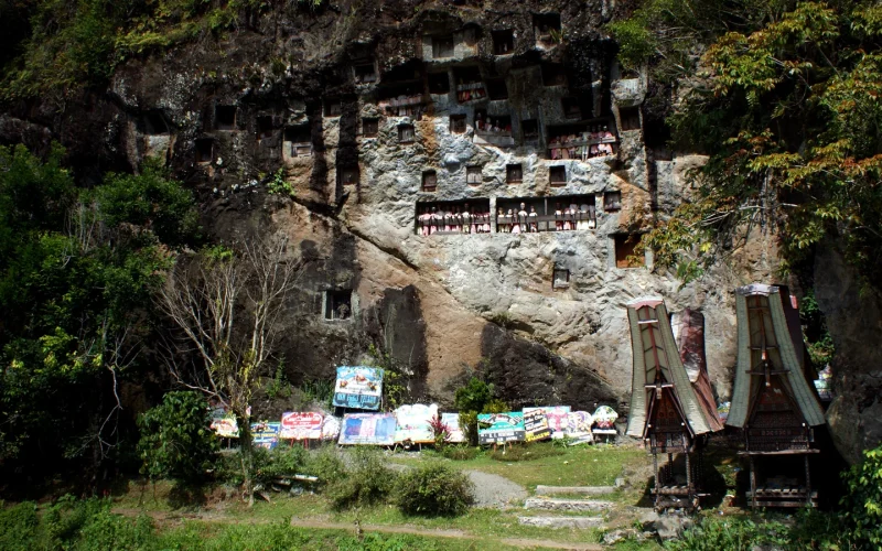 Limestone cliff face at Lemo with carved burial chambers and tau-tau effigies on balconies, Tana Toraja