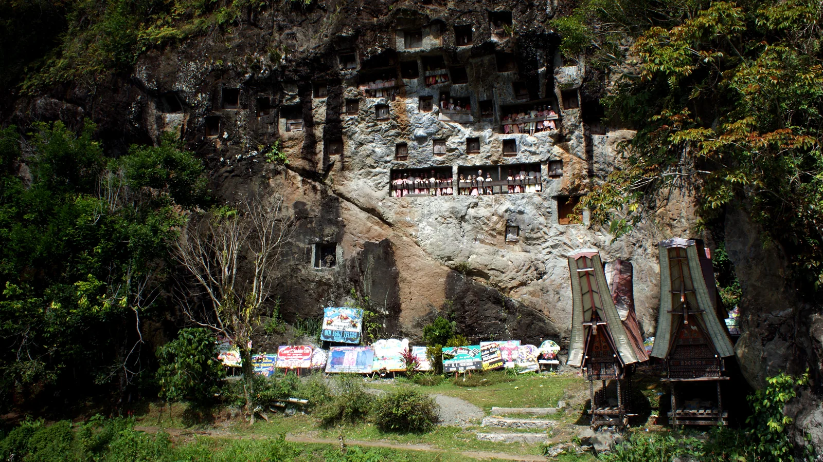 Limestone cliff face at Lemo with carved burial chambers and tau-tau effigies on balconies, Tana Toraja
